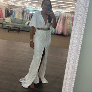 Johnathan Kayne White Formal Sequin Gown with Front Slit and Adjustable neckline